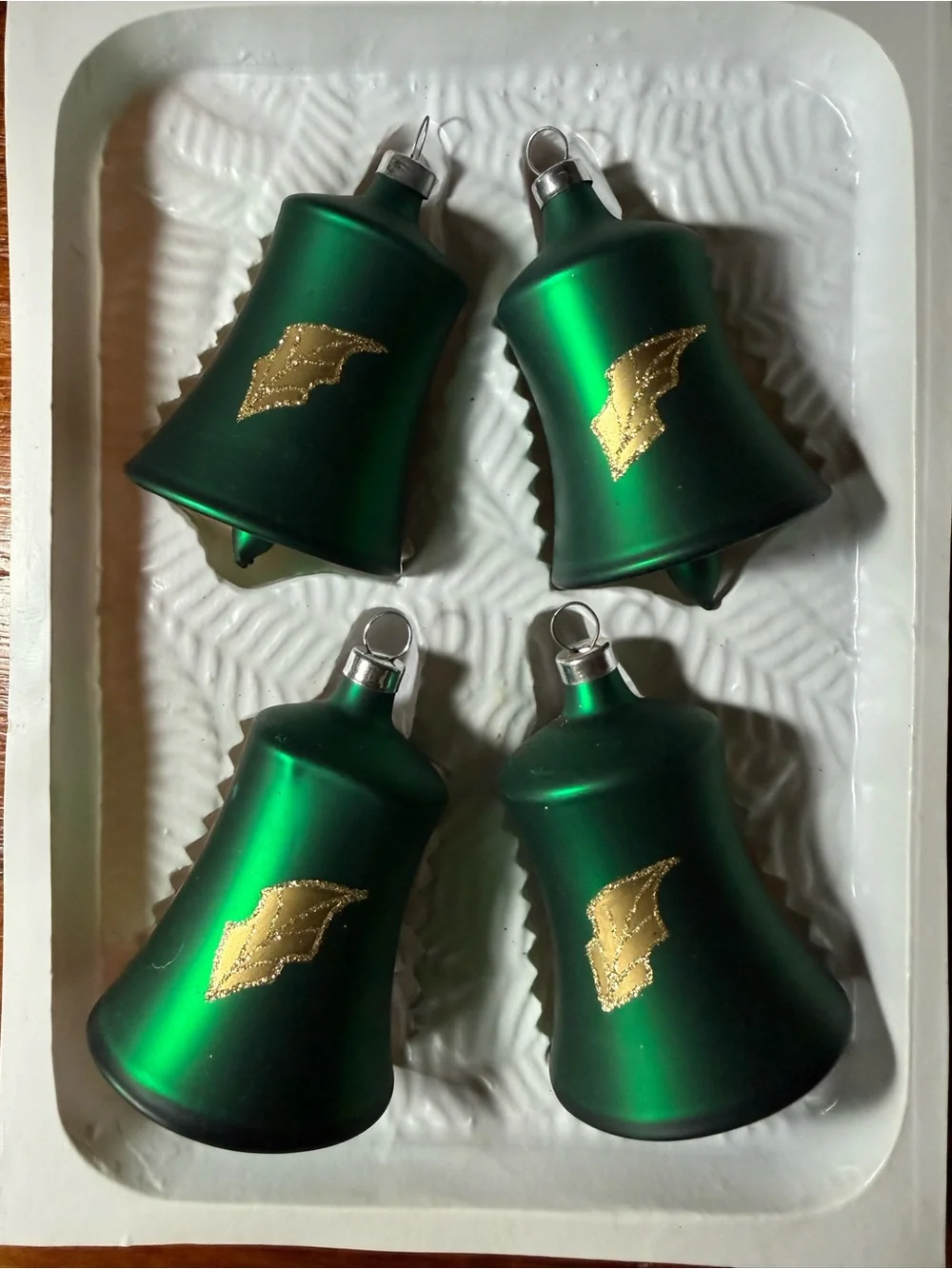 🔔 Vintage Green Glass Bell w/Gold Holly Painted Designs Holiday Ornaments